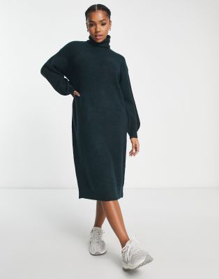 New Look Turtle Neck Ribbed Midi Dress In Black-green