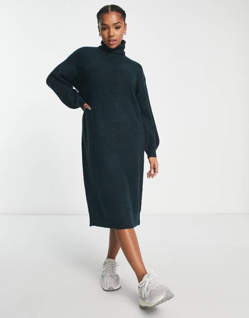 Grey Roll Neck Rib Knitted Jumper Dress