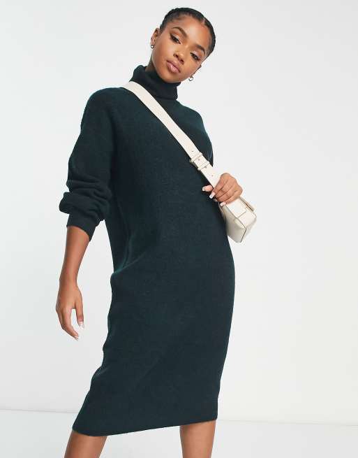 Grey Roll Neck Rib Knitted Jumper Dress