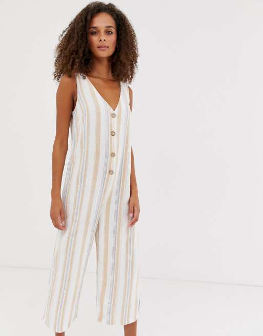 New Look - Tuta jumpsuit in lino a righe con bottoni frontali