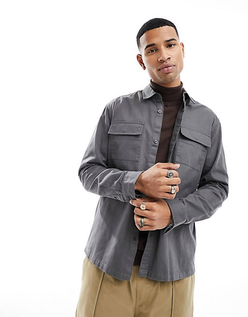 New Look twill overshirt in dark grey | ASOS