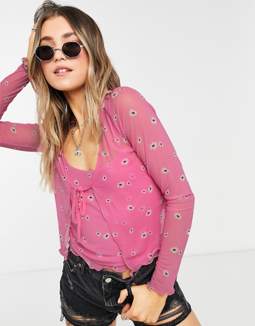 new look -  – Twinset mit Strickjacke aus Netzstoff und Camisole in Rosa geblümt