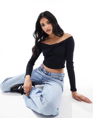 New Look twist front bardot top in black - ASOS Price Checker