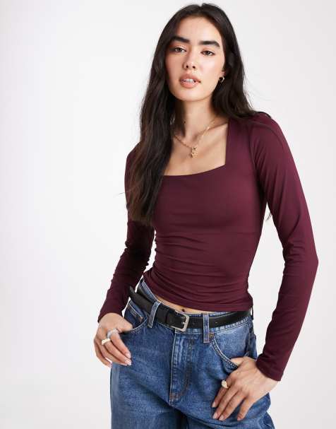New Look twist front long sleeve top in burgundy