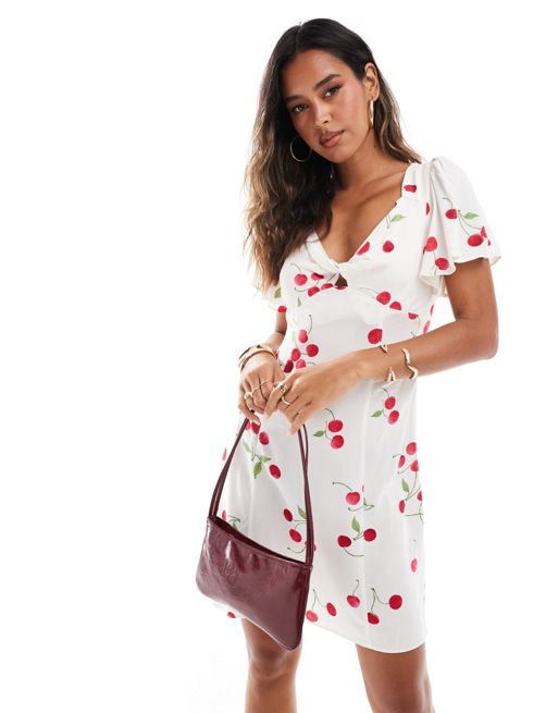 New Look twist front mini cotton dress in cherry print
