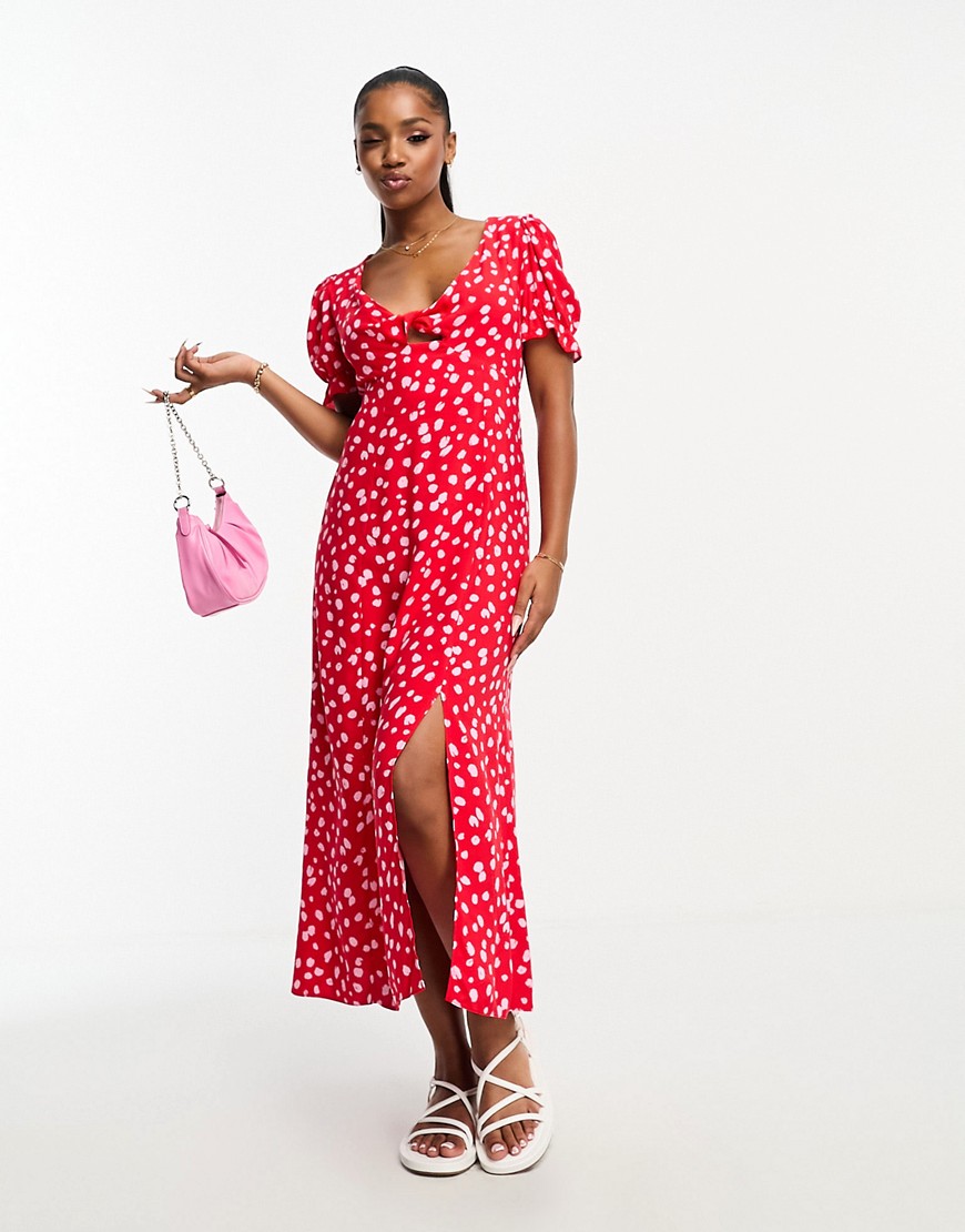 New Look twist front v neck midi dress in red pattern