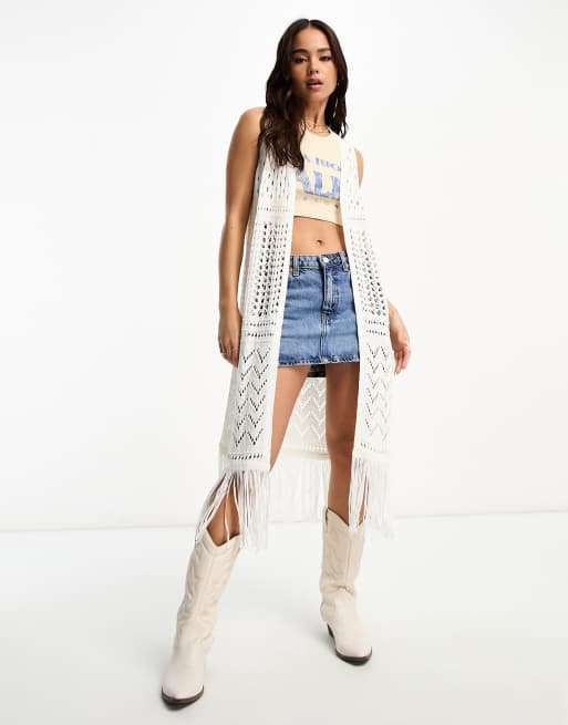 New Look - Ultimate - Gilet long en crochet style festival - Blanc cassé