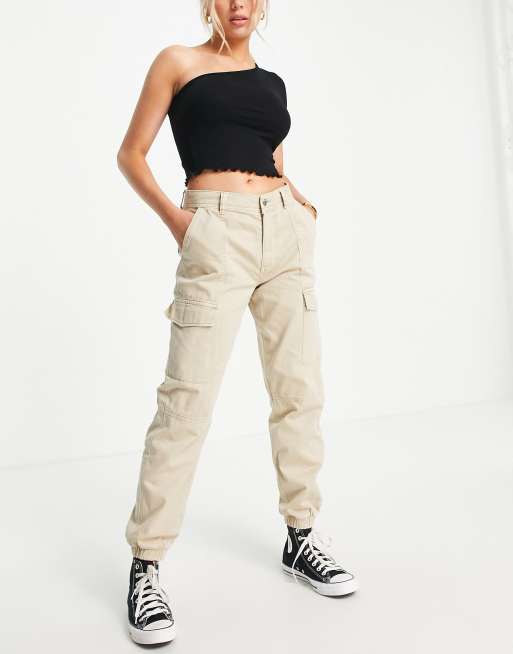 Womens Stone High Waisted Cargo Trousers Petite Slim Fit –