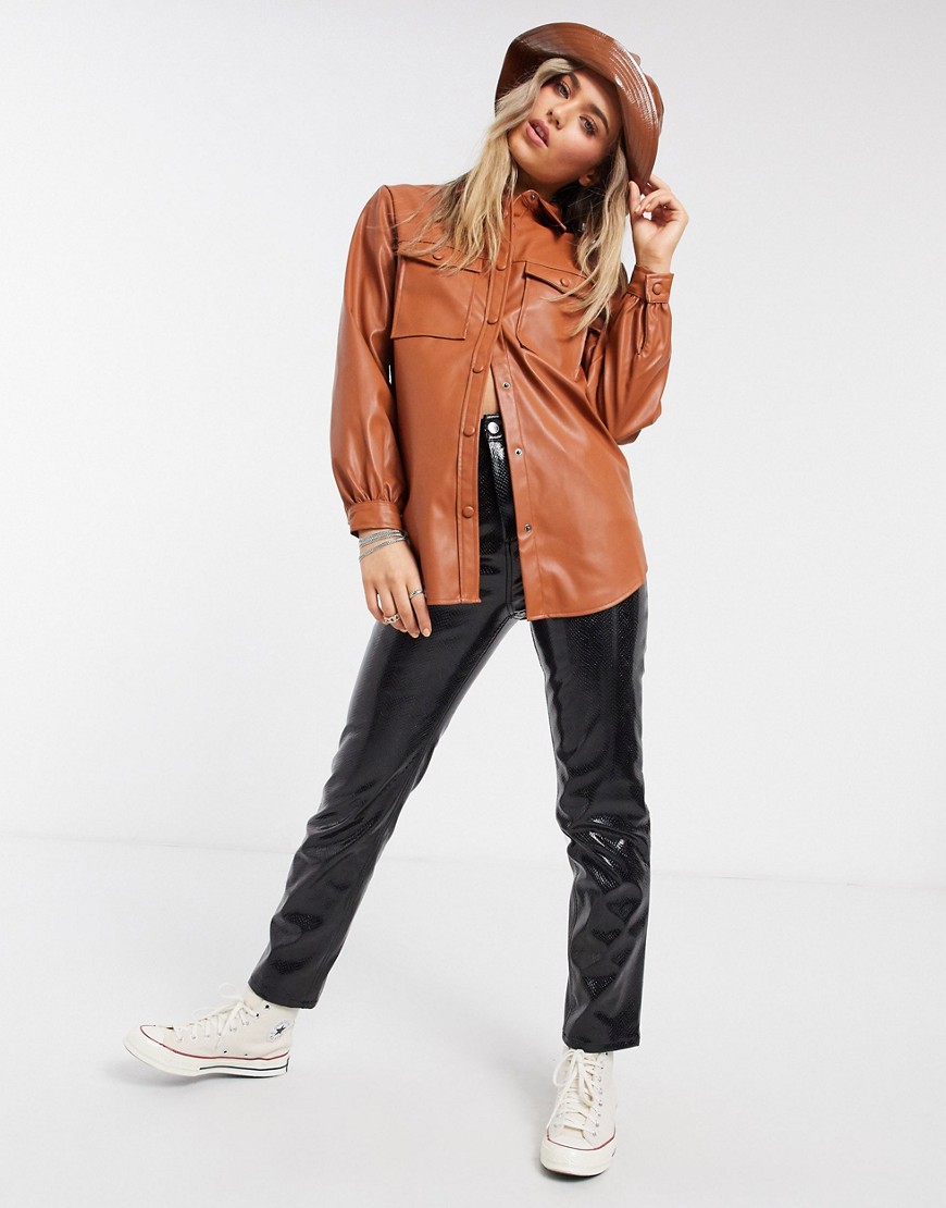 New Look utility leather look shacket in rust-Red