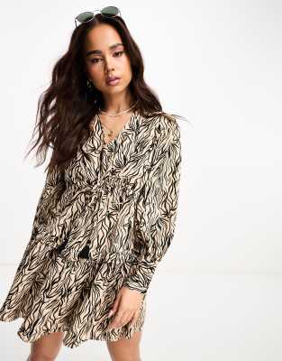 New look v neck 3/4 sleeve tiered smock mini dress in brown zebra print - ASOS Price Checker