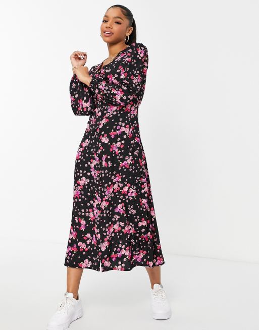 New Look v neck button through midi dress in black pink ditsy