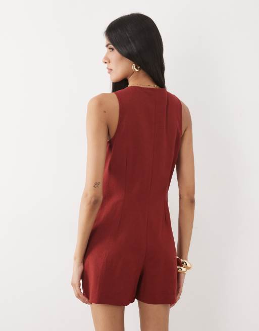 New Look v neck button through playsuit in rust, 4 of 4