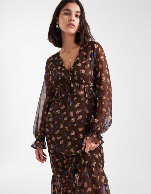 New Look v neck chiffon midi dress in brown floral, 4 of 4