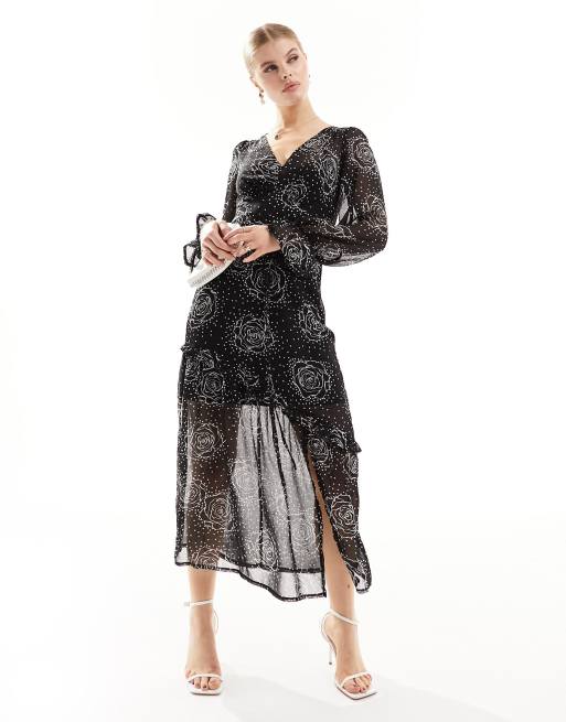 New Look v neck chiffon ruffle midaxi Bianco dress in black pattern