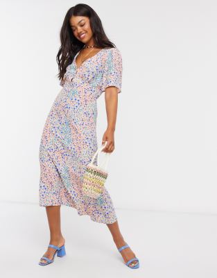 flutter midi asos neck sleeve floral pink dress