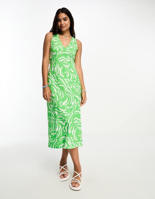 New Look v neck midi column dress in green mark making pattern