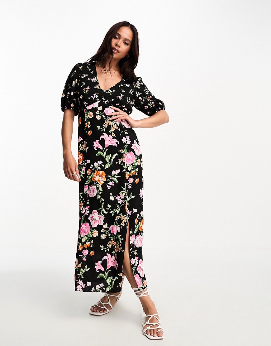 New Look v neck mixed floral midi dress in black
