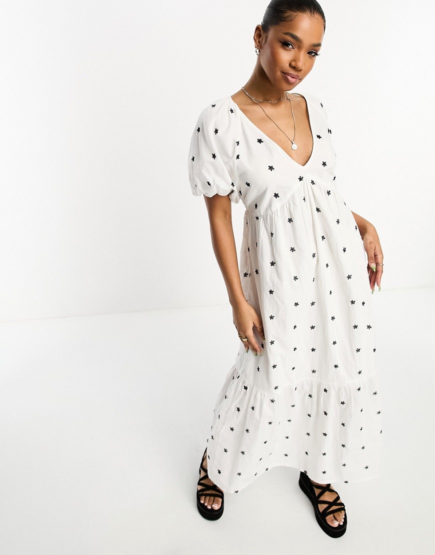 New Look v neck puff sleeve midi dress in white embroidered floral