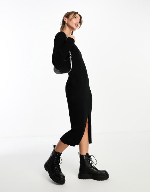 New Look Petite ribbed midi dress with side slit in black