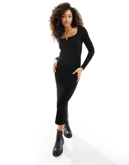 New Look Petite ribbed midi dress with side slit in black