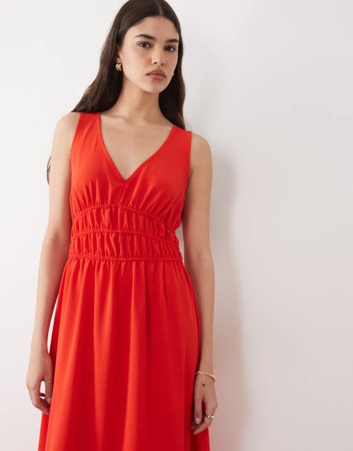 New Look v neck ruched waist midi dress in red, 4 of 4