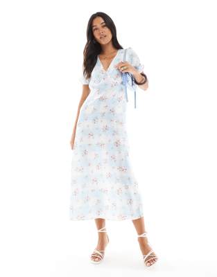 [New Look] New Look v neck satin midi dress in floral check-Blue 18 Blue pattern