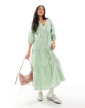 New Look check long sleeve midi dress in pink