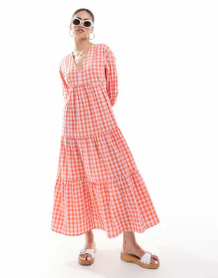 New Look New Look v-neck smock midi dress in pink gingham