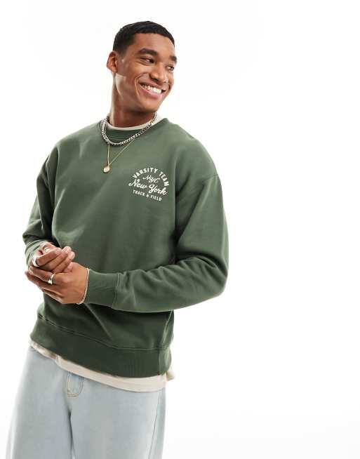 New Look varsity print sweatshirt in dark khaki