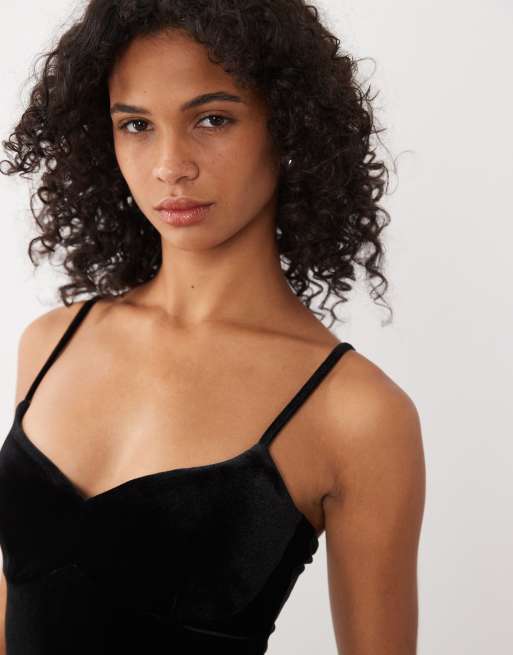 New Look velour midi-kjole med stropper i sort, 3 af 4