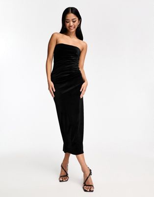 New Look velvet bandeau ruched side midi dress in black - ASOS Price Checker