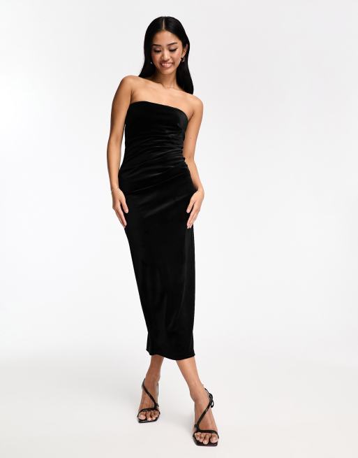 Ruched Tube Velvet Midi Dress Black