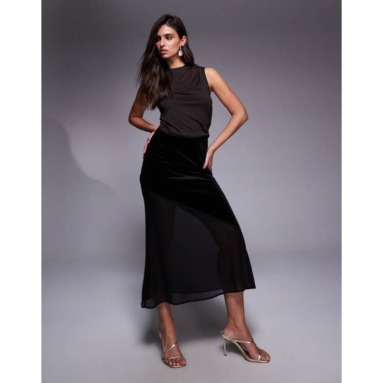 New Look velvet chiffon midi skirt in black | ASOS