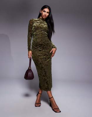 New Look New Look velvet devore long sleeve midi dress in khaki-Green