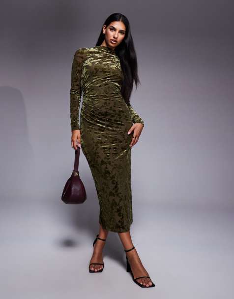 New Look velvet devore long sleeve midi dress in khaki - view 1