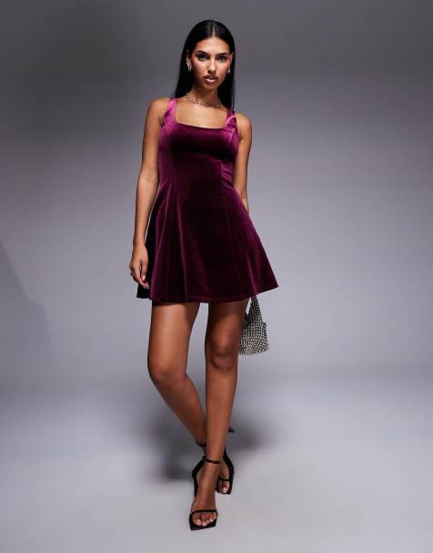 New Look velvet fit and flare mini dress in burgundy