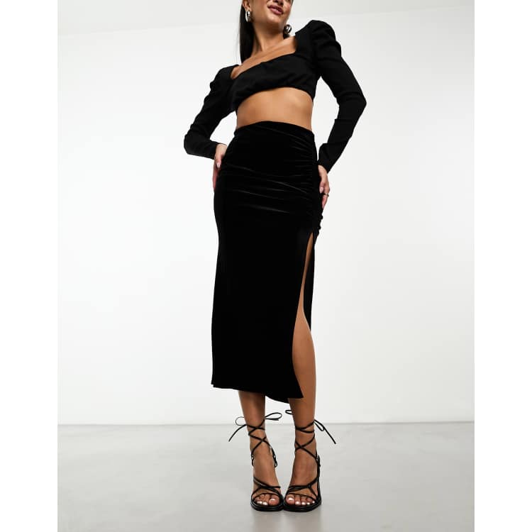 New Look velvet ruched side split midi skirt in black ASOS