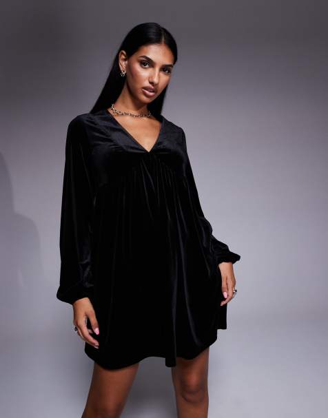 New Look velvet smock mini dress in black