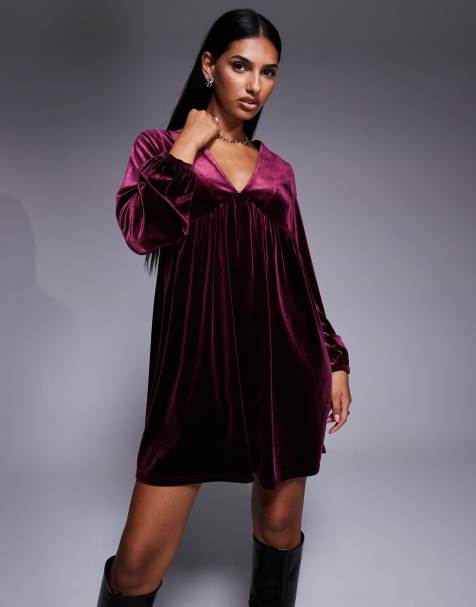 New Look velvet smock mini dress in burgundy - view 1