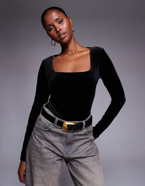 New Look velvet squareneck bodysuit in black - view 1