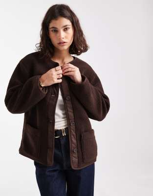 New Look - Veste boutonnée en imitation peau de mouton - Marron-Brown