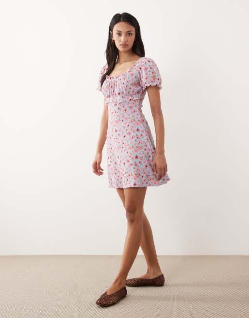 New Look - Vestido corto azul de estilo mesonera con estampado floral, 3 de 4