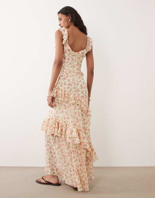 New Look - Vestido largo amarillo con estampado floral y volantes, 2 de 4