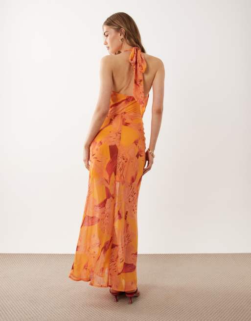 New Look - Vestido largo naranja con cuello halter y estampado floral, 4 de 4