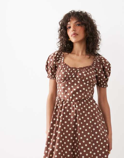 New Look - Vestido midi blanco de estilo mesonera con estampado de lunares, 4 de 4