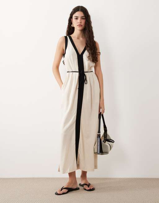 New Look - Vestido midi color crema de corte recto con ribetes en contraste, 1 de 4