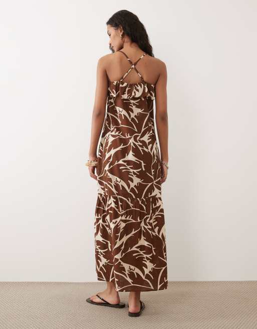 New Look - Vestido midi marrón de tirantes con estampado de hojas, 2 de 4