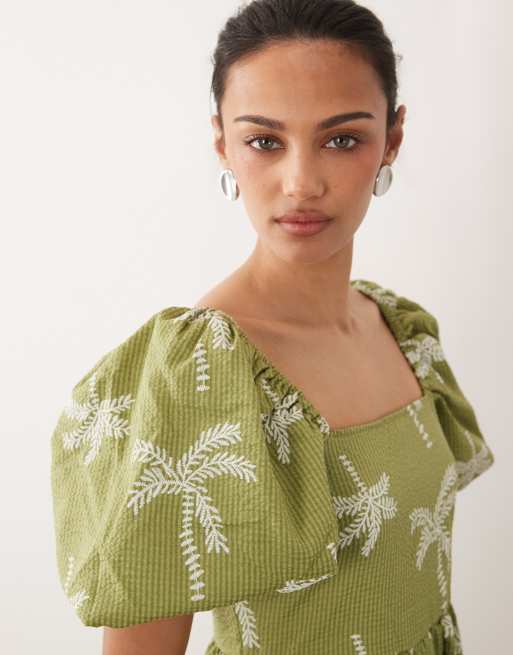 New Look - Vestido midi verde con mangas abullonadas y estampado de palmeras de sirsaca, 2 de 4