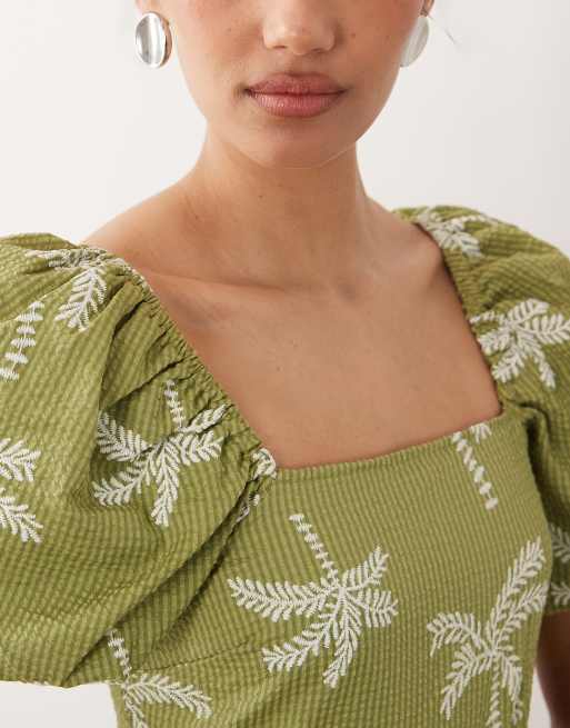 New Look - Vestido midi verde con mangas abullonadas y estampado de palmeras de sirsaca, 3 de 4