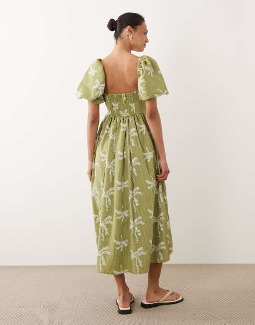 New Look - Vestido midi verde con mangas abullonadas y estampado de palmeras de sirsaca, 4 de 4